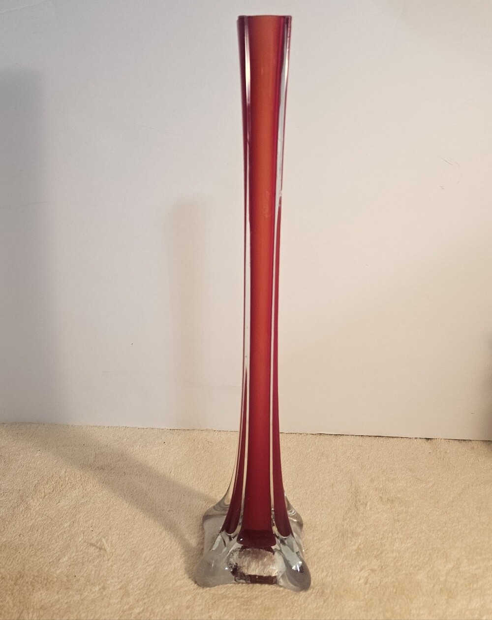 Vtg MCM Red Cased Glass Elephant Foot Bud Vase Swung Hand Blown Art Glass 12"